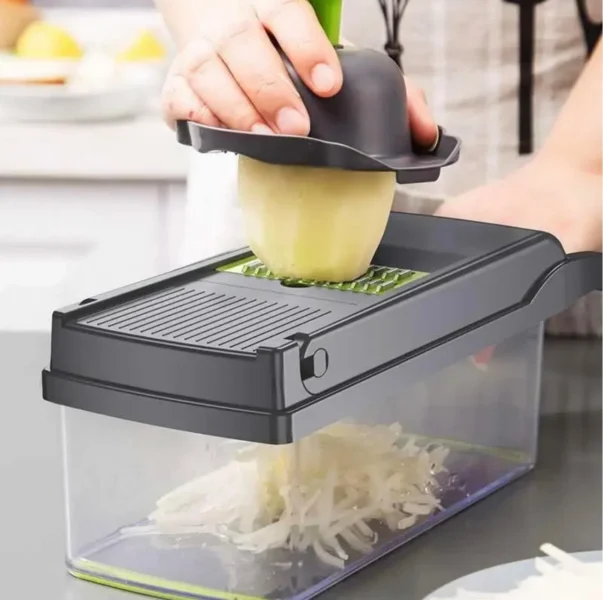 Vegetable Chopper with Container, Cheese Grater Dicer Mandoline Slicer Cabbage Shredder French Fry Cutter Stainless Steel for Veggie Onion Potato Fruit Food, Manual Hand Cooking Gadget for Kitchen