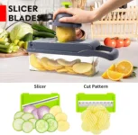 Vegetable Chopper with Container, Cheese Grater Dicer Mandoline Slicer Cabbage Shredder French Fry Cutter Stainless Steel for Veggie Onion Potato Fruit Food, Manual Hand Cooking Gadget for Kitchen